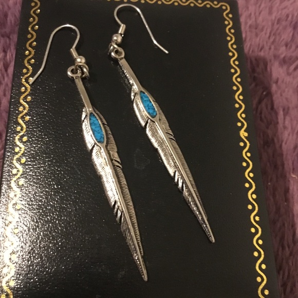 Vintage Native American 925 Arrow Feather Turquoise Dangle Earrings - Picture 13 of 15